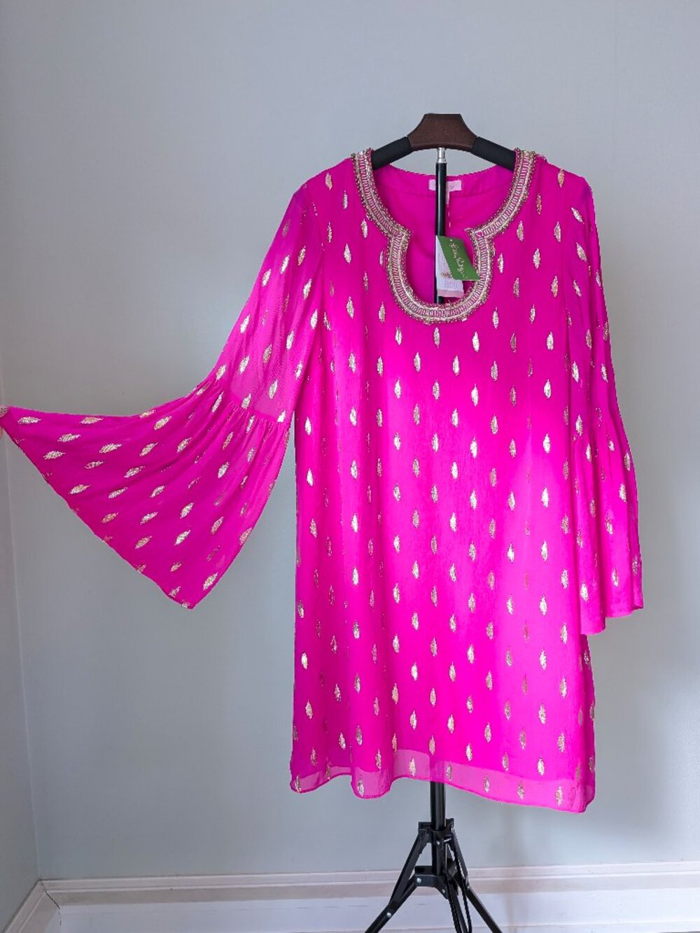 Lilly Pulitzer Amory Silk Chiffon Dress Raz Berry Metallic, Bell Sleeves Size 16